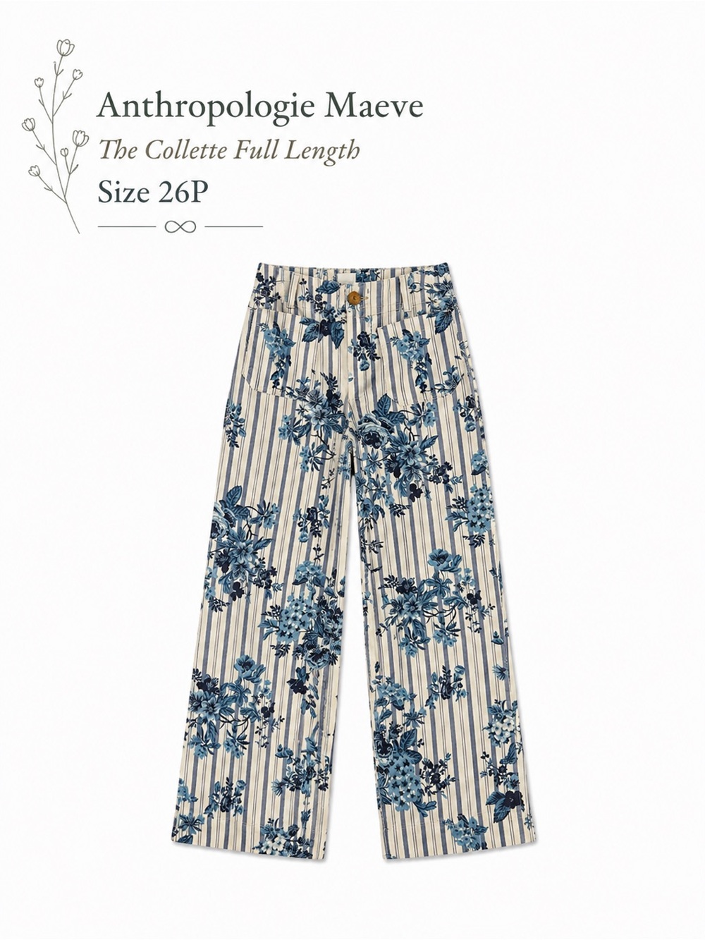 Anthropologie Maeve Collette Floral Stripe Wide-Leg Pants in Cream and Blue